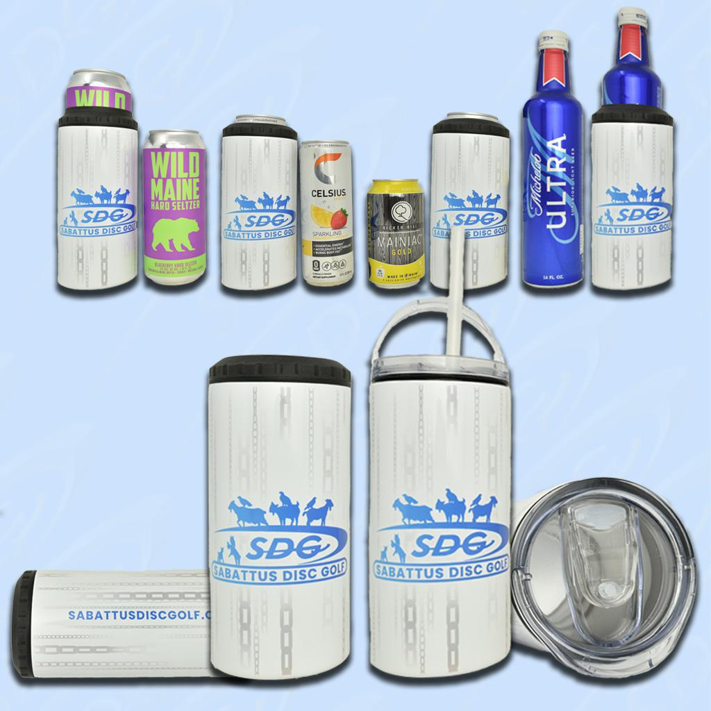 Picture depicting how the Sabattus Disc Golf Branded 4 in 1 Koozie can be converted to use for different size and style bottles or as a cup with a straw