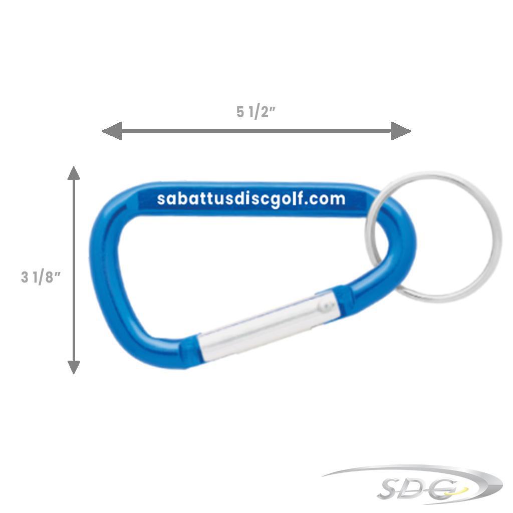 Sabattus Disc Golf Large Engraved Carabiner in blue with sabattusdiscgolf.com on it-Picture shows measurements of 5 1/2 inches long by 3 1/8 inches wide