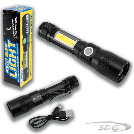Innova LED/UV Rechargeable flashlight at 2 angles for different views as well as box and charger