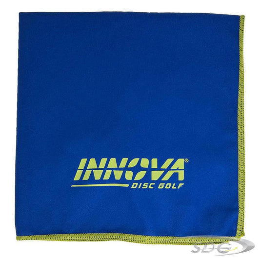 Innova Dewfly Disc Golf Towel in Royal Blue with Yellow Trim Stitching and Yellow Innova Burst Logo 