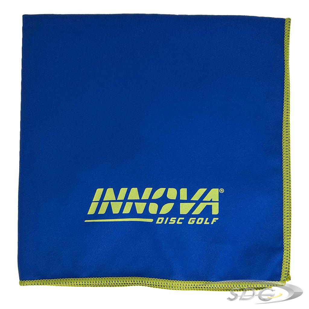 Innova Dewfly Disc Golf Towel in Royal Blue with Yellow Trim Stitching and Yellow Innova Burst Logo 