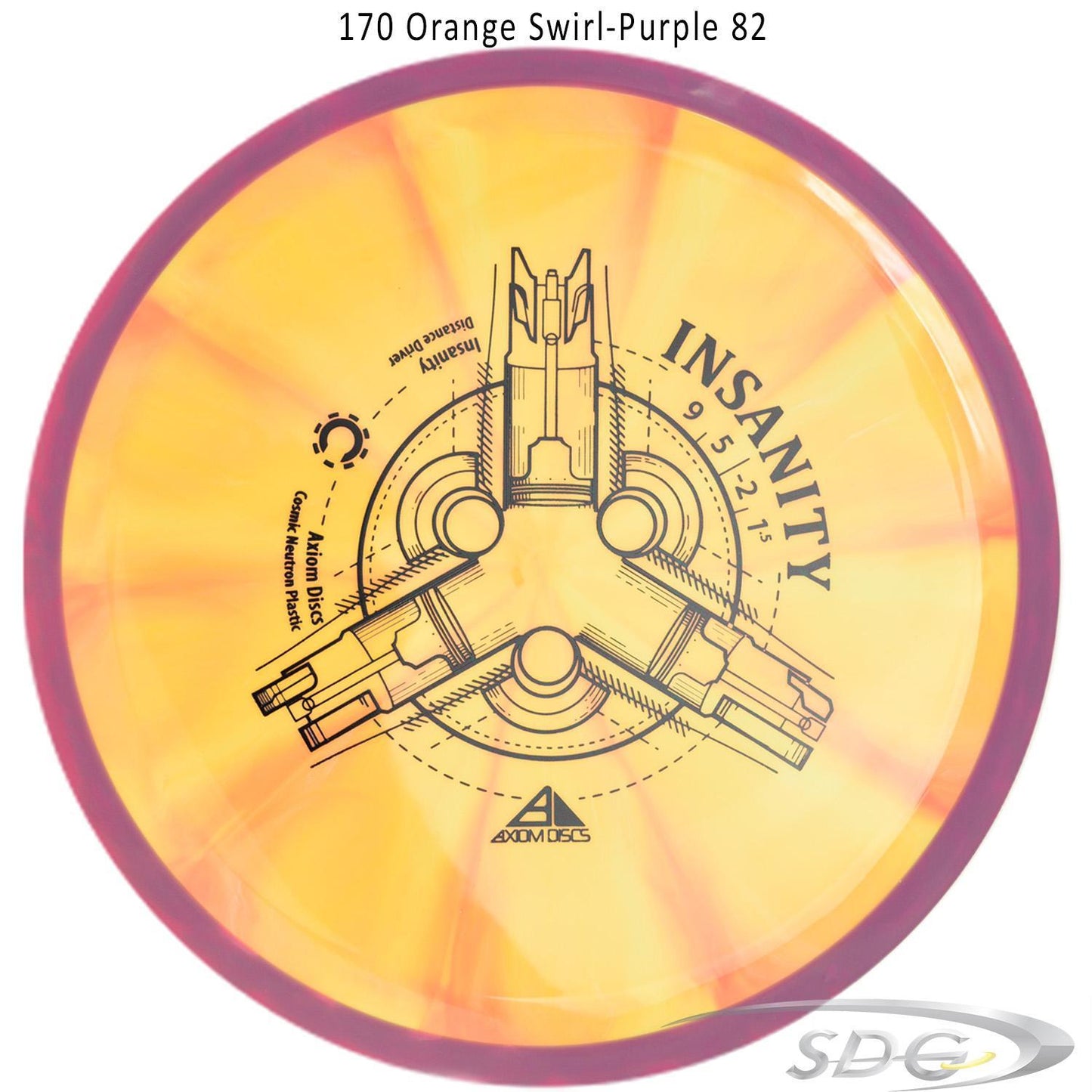 axiom-cosmic-neutron-insanity-disc-golf-distance-driver 170 Orange Swirl-Purple 82