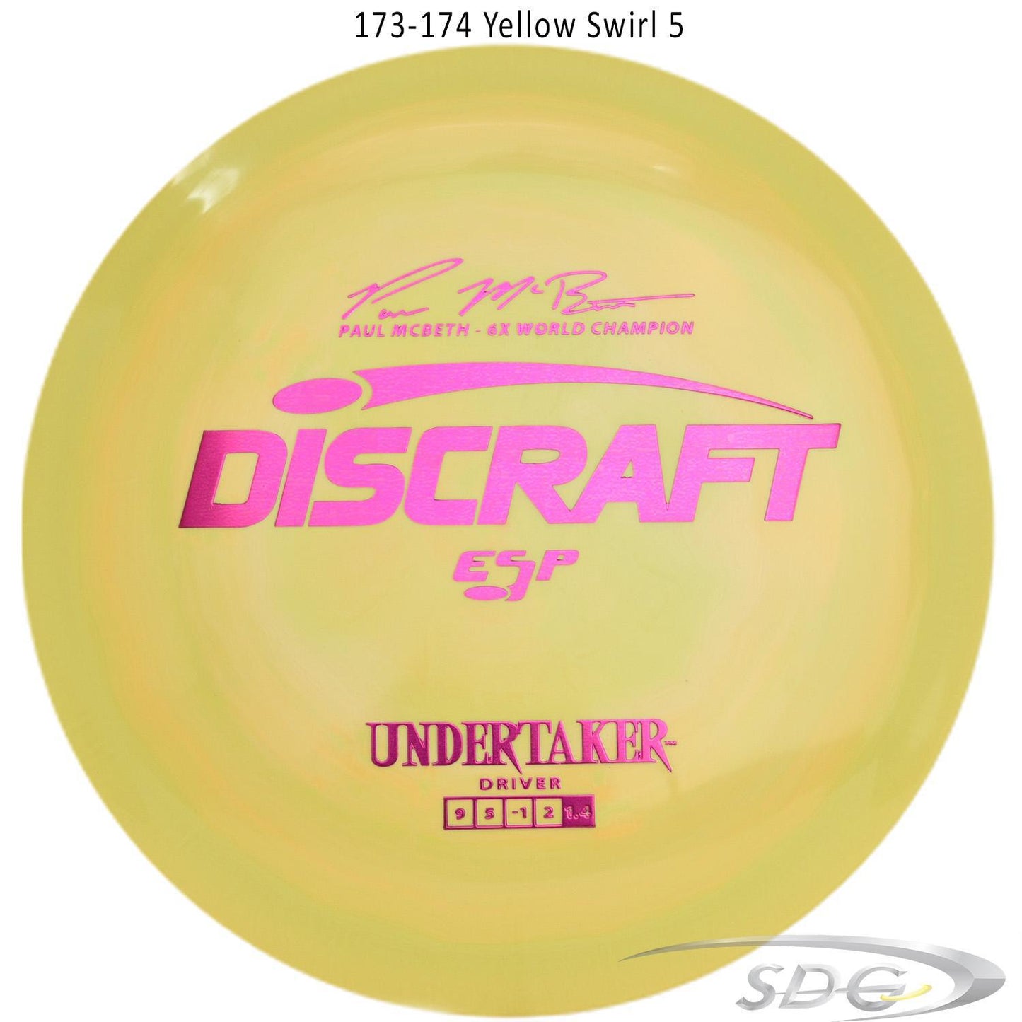 discraft-esp-undertaker-6x-paul-mcbeth-signature-series-disc-golf-distance-driver 173-174 Yellow Swirl 5