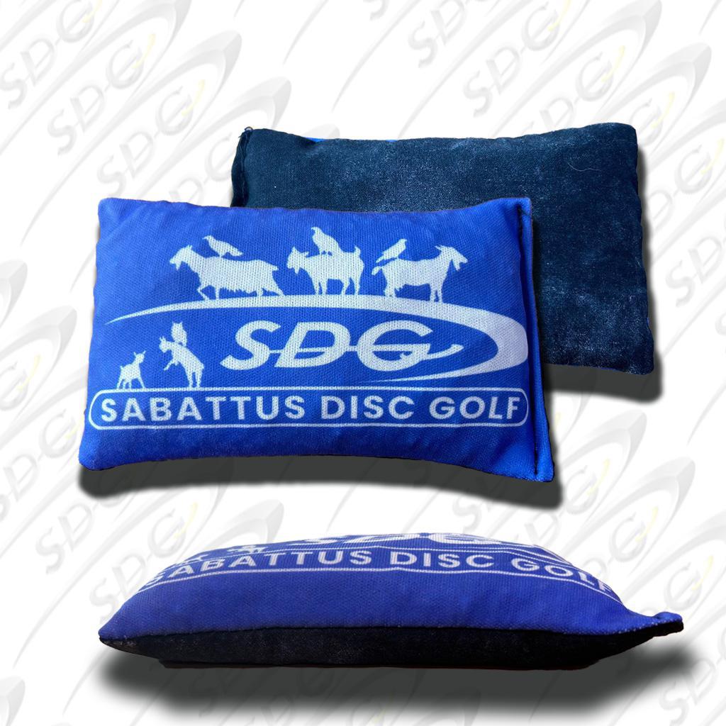 Multiple views combined into one photo of Sabattus Disc Golfs Branded Chalk Bag with SDG Sabattus Disc Golf Goat Swish