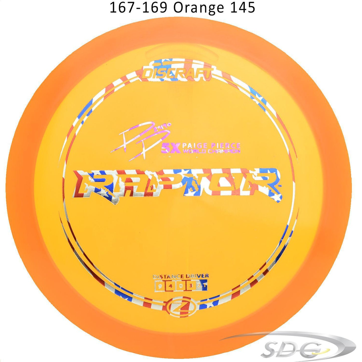 discraft-z-line-raptor-paige-pierce-signature-series-disc-golf-distance-driver 167-169 Orange 145