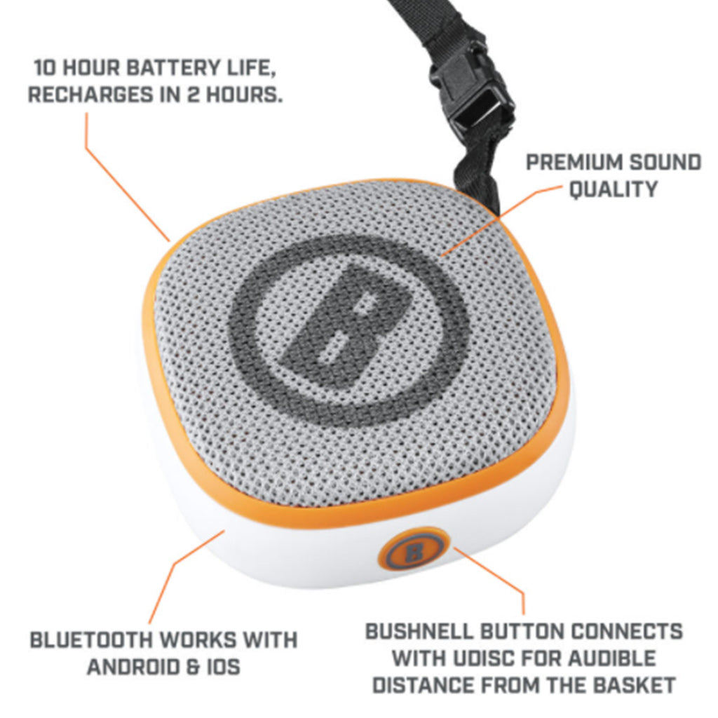 Bushnell Disc Jockey Bluetooth Speaker white orange and gray top view with description 