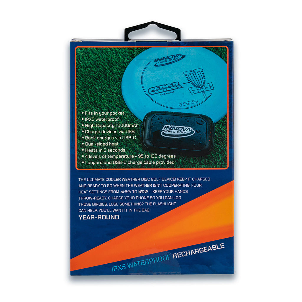 Back of box for Innova Electronic Super Handwarmer showing additonal features