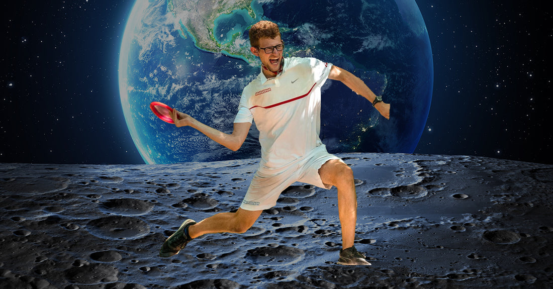 thomas gilbert throwing a disc golf disc on the moon 
