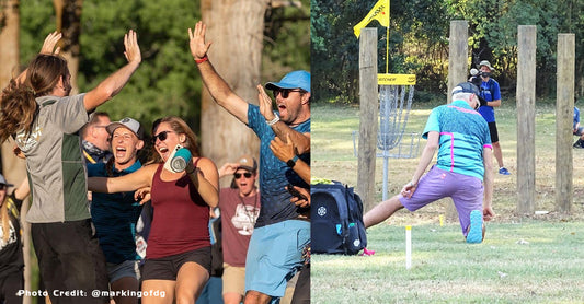 james conrad applauding spectators at a disc golf tournament compared to a photo of eagle mcmahon dejected, kneeling on the ground, after missing a putt.