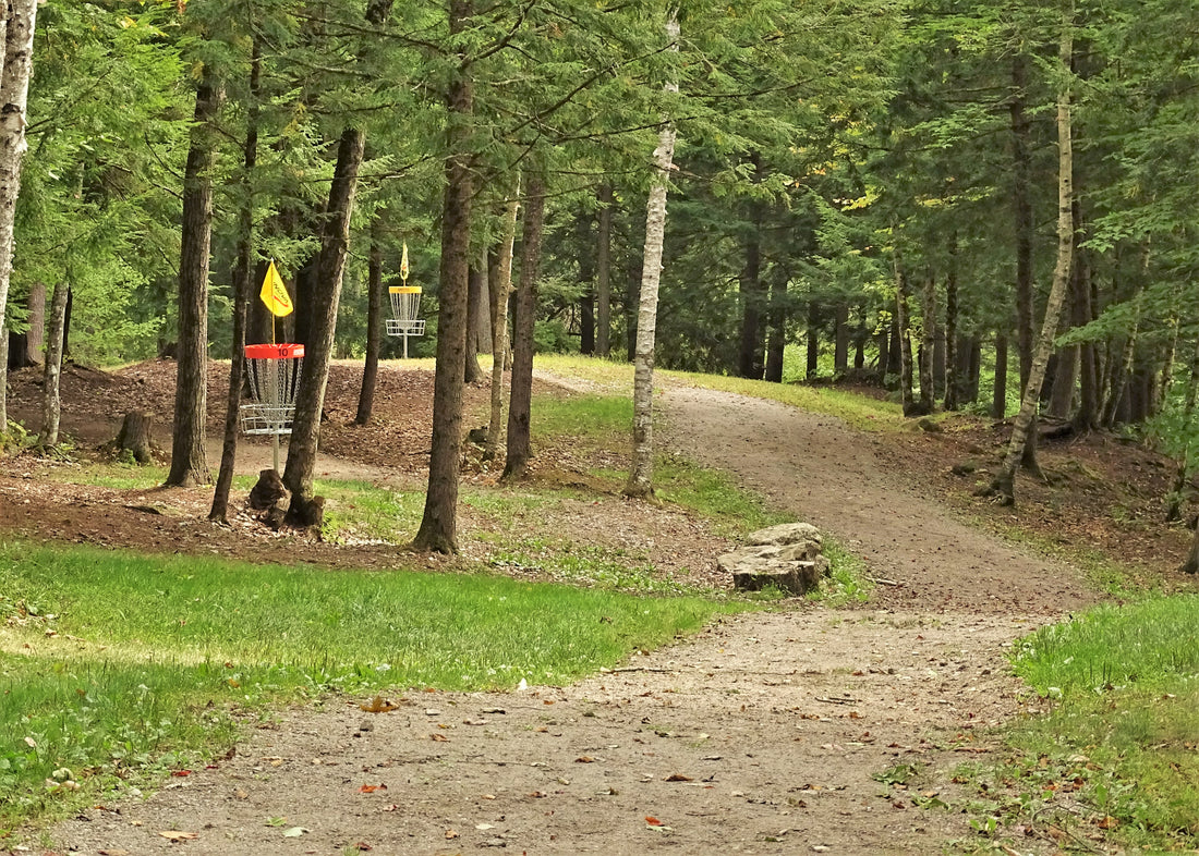 halfway down the fairway looking at the baskets of hole 10 on the Eagle / Falcon course at sabattus disc golf