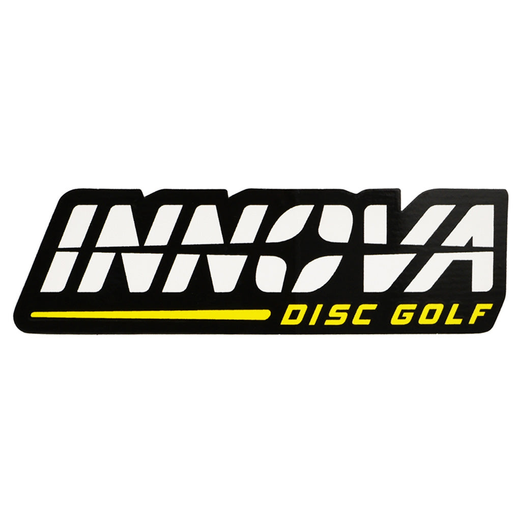 Innova Disc Golf Innova Bar logo white font outlined in black with yellow line and disc golf in yellow text 