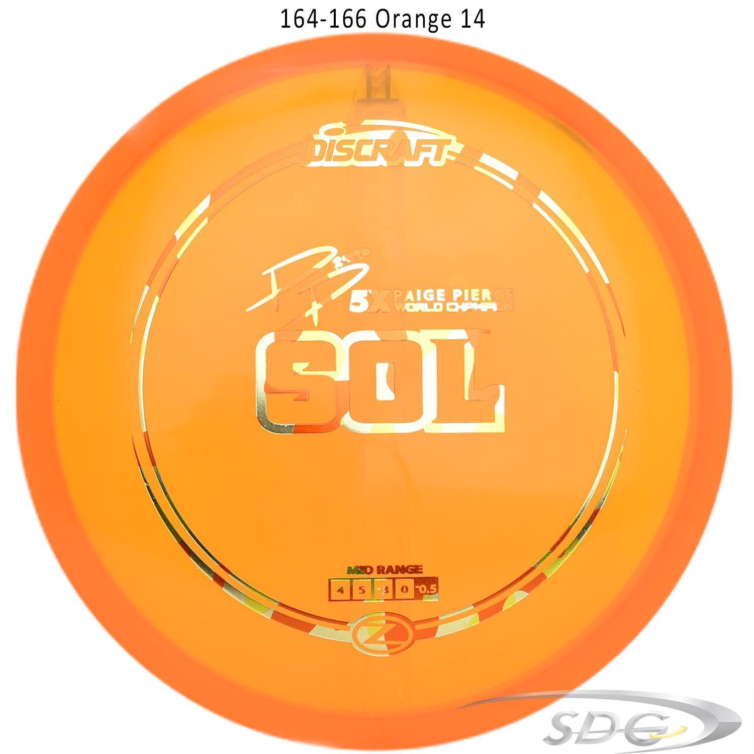 discraft-z-line-sol-paige-pierce-signature-disc-golf-mid-range-169-160-weights 164-166 orange 14 