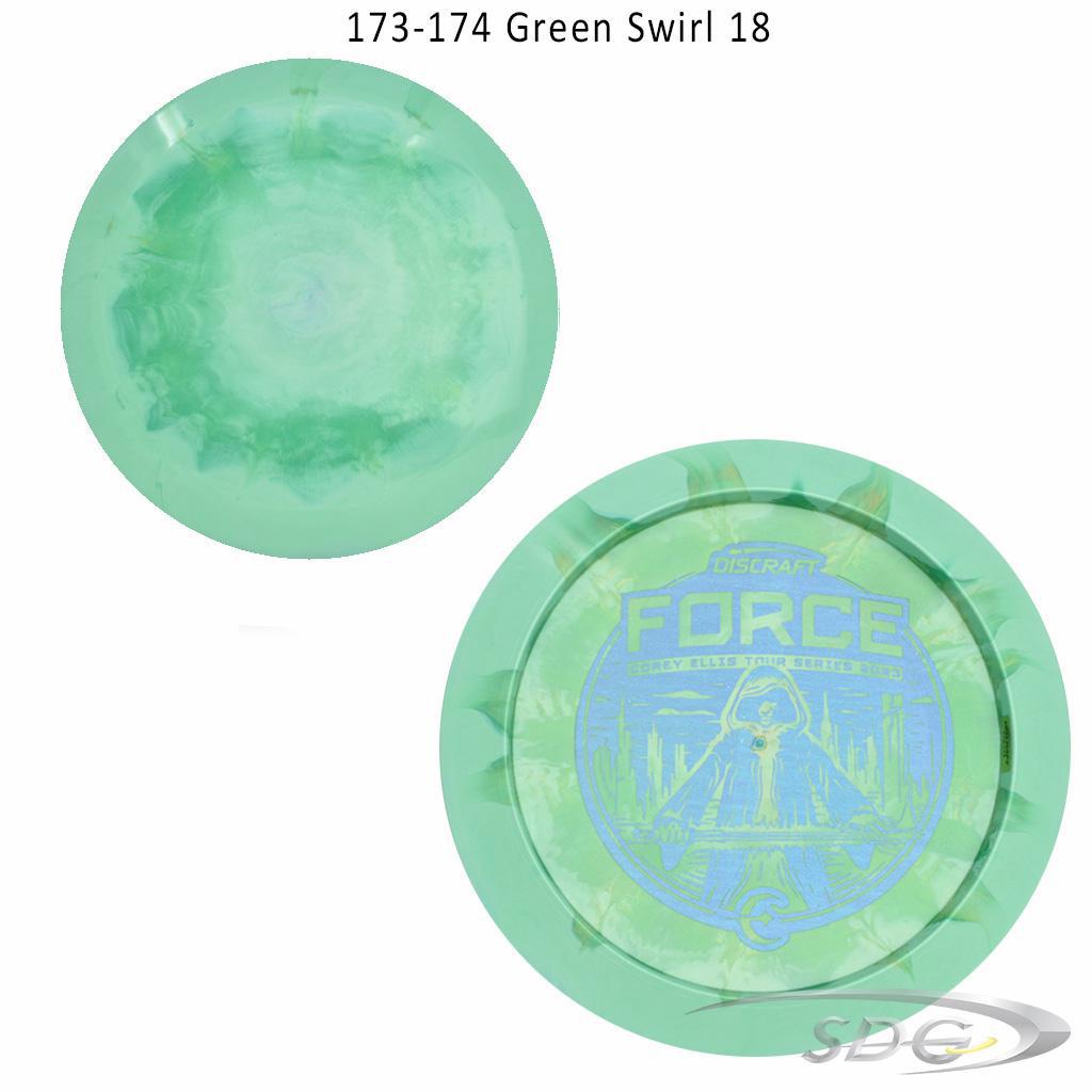 discraft-esp-force-bottom-stamp-2023-corey-ellis-tour-series-disc-golf-distance-driver 173-174 Green Swirl 18 