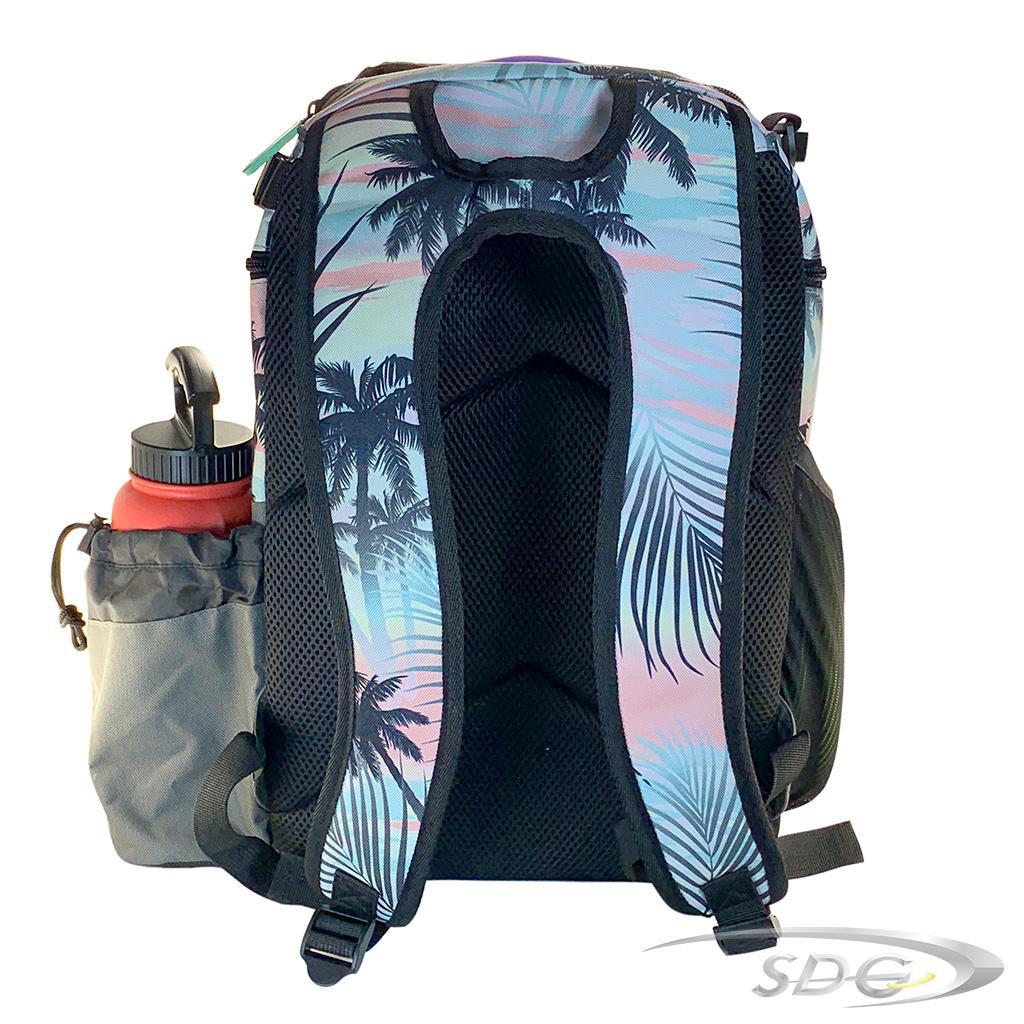 DGA Traverse Lite Disc Golf Bag in floral pattern showing back with water bottle in bottle holder