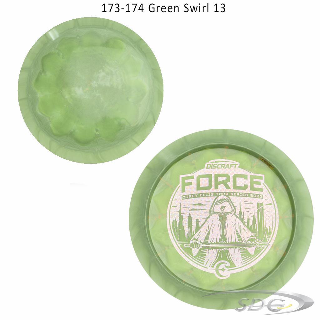 discraft-esp-force-bottom-stamp-2023-corey-ellis-tour-series-disc-golf-distance-driver 173-174 Green Swirl 13 