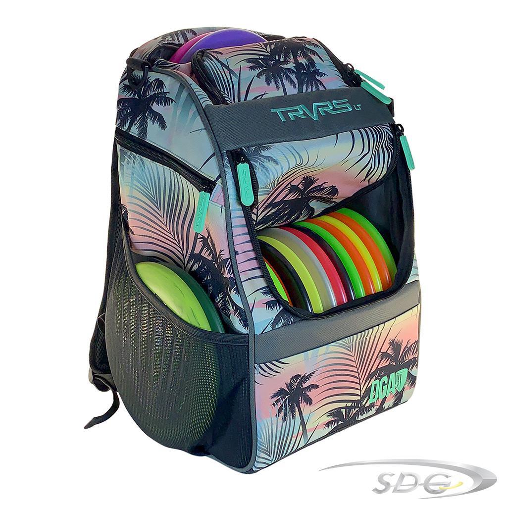 DGA Traverse Lite Back with Floral Pattern showing front and side of bag with disc golf discs loaded in 
