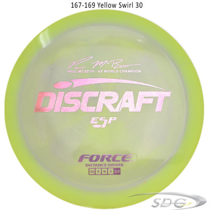 discraft-esp-force-6x-paul-mcbeth-signature-disc-golf-distance-driver 167-169 Yellow Swirl 30