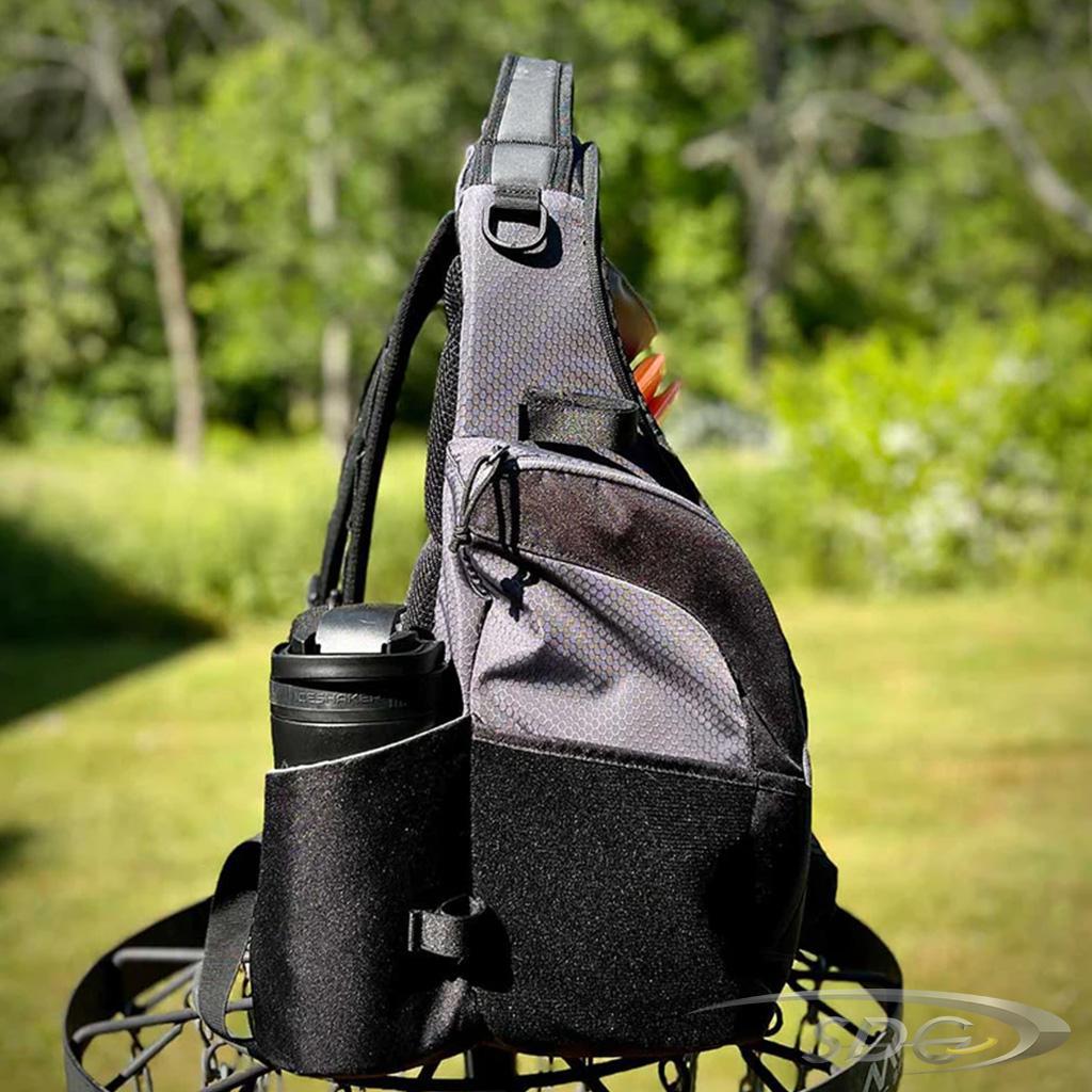 Upper Park "The Rebel" Disc Golf Bag Onyx side view  showing canteen in pocket
