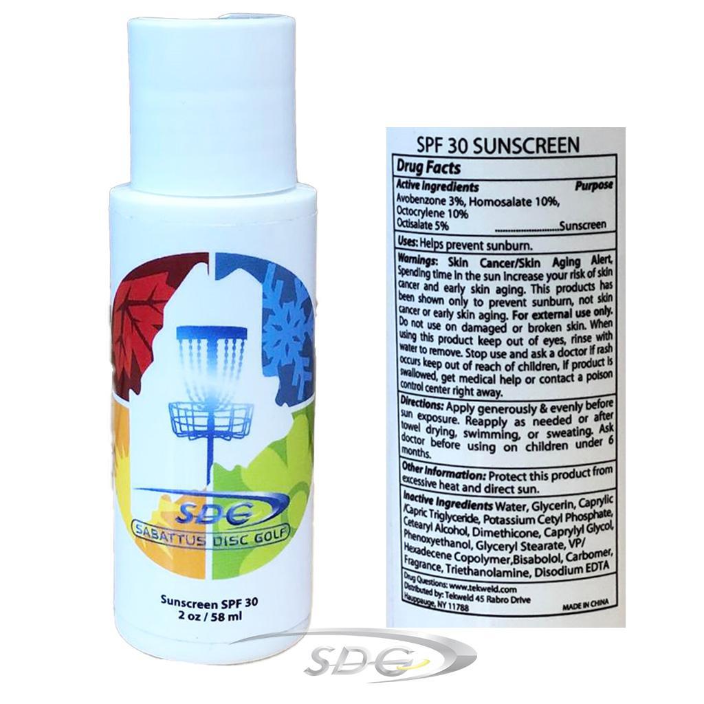 Sabattus Disc Golf branded 2 oz bottle of sunscreen with Sabattus Disc Golf 4 Seasons Maine Logo on front of bottle- Shows back Information label including drug facts, Active ingredients, uses, warnings, directions, other information, and inactive ingredients
