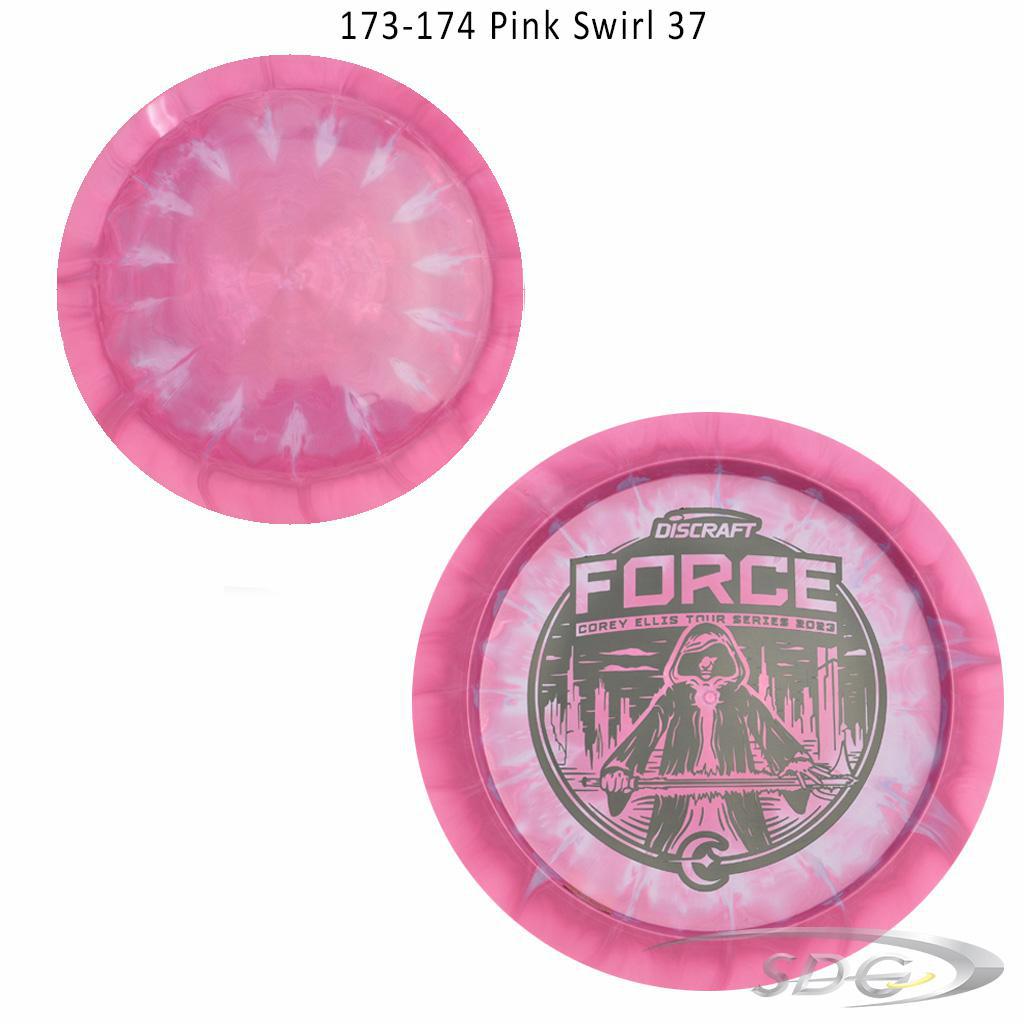discraft-esp-force-bottom-stamp-2023-corey-ellis-tour-series-disc-golf-distance-driver 173-174 Pink Swirl 37 