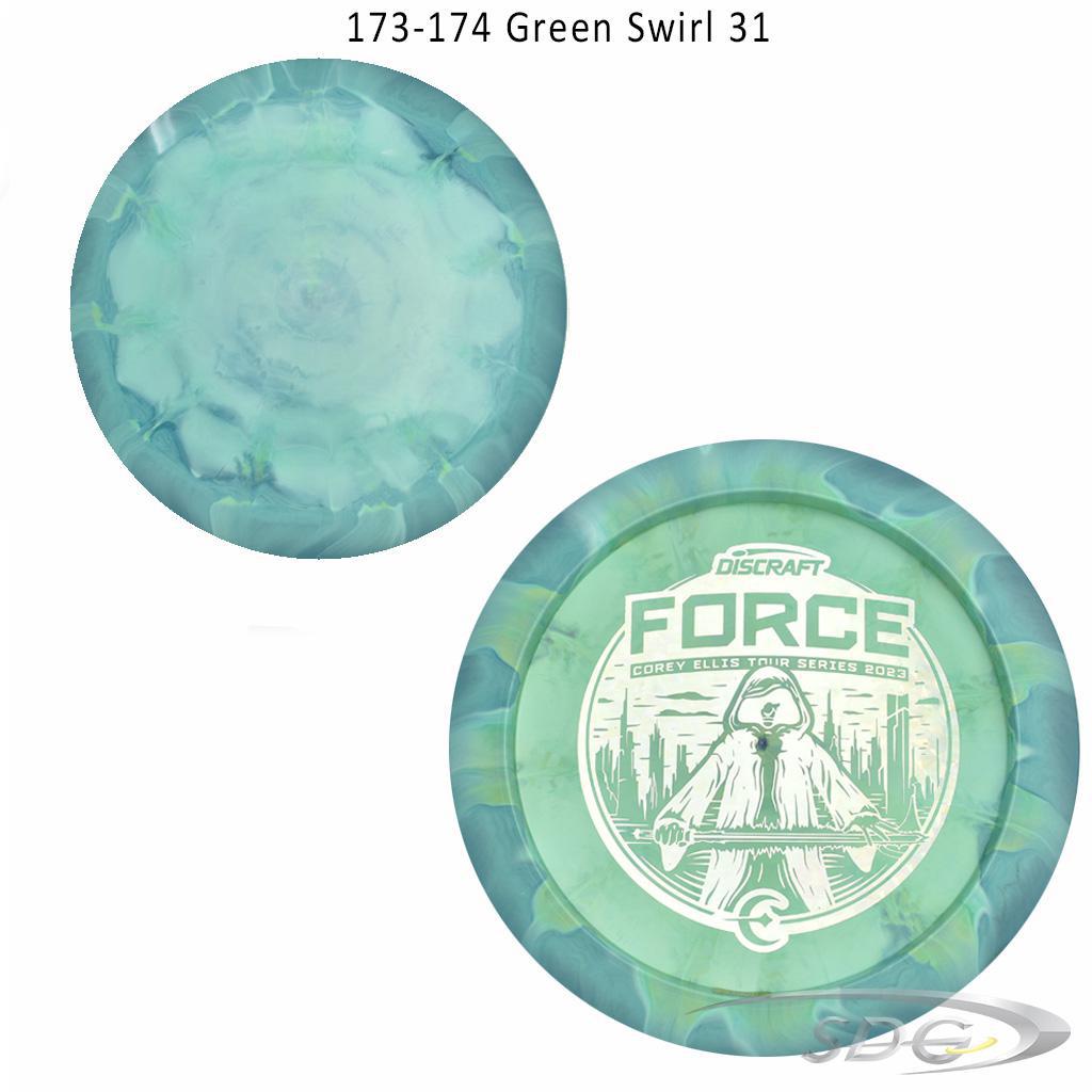 discraft-esp-force-bottom-stamp-2023-corey-ellis-tour-series-disc-golf-distance-driver 173-174 Green Swirl 31