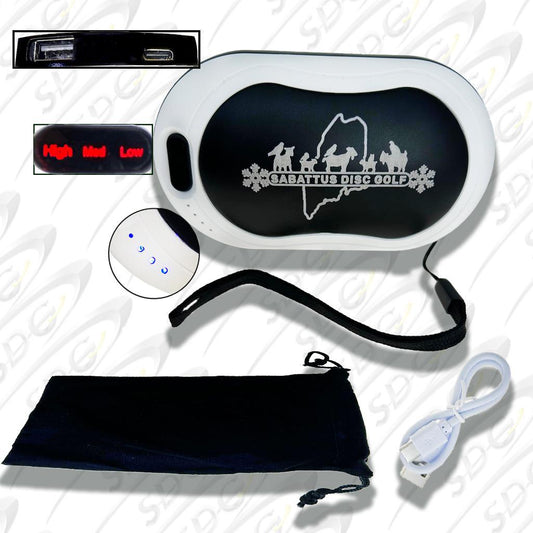 ProActive double sided hand warmer white and black with Sabattus Disc Golf Bar logo with goats and birds and snowflakes engraved-Bag, cable included 