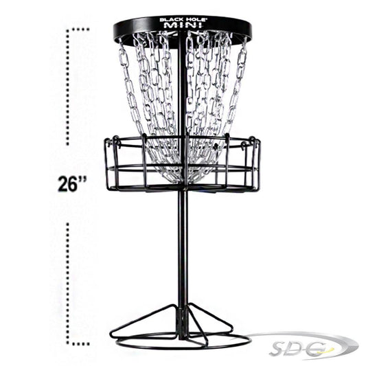 MVP Black Hole Mini Disc Golf Basket with 26" measure showing size 