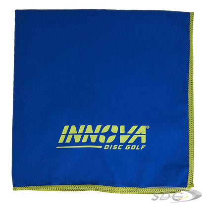 Innova Dewfly Disc Golf Towel in Royal Blue with Yellow Trim Stitching and Yellow Innova Burst Logo 