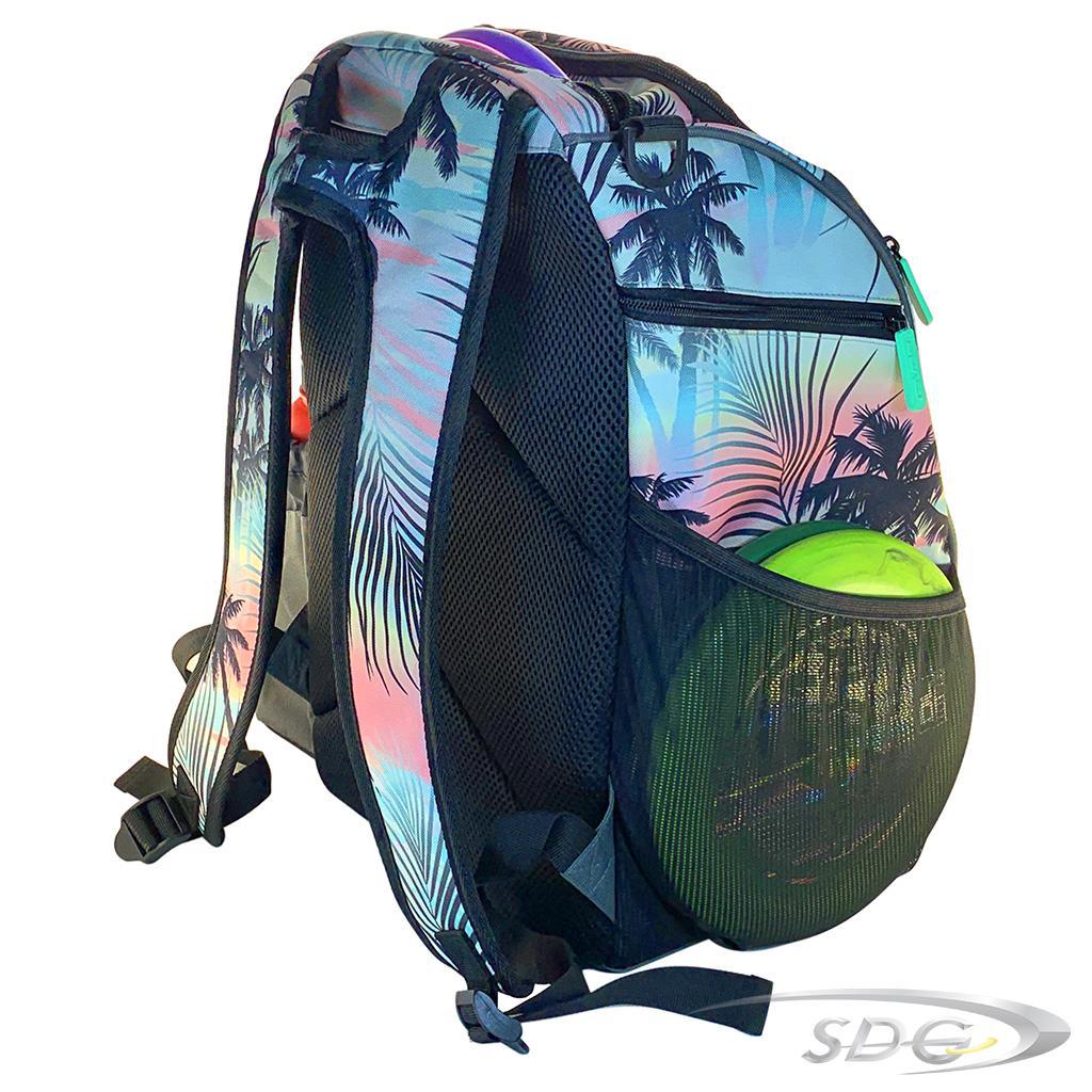 DGA Traverse Lite Back with Floral Pattern showing back and side of bag with disc golf discs loaded in 