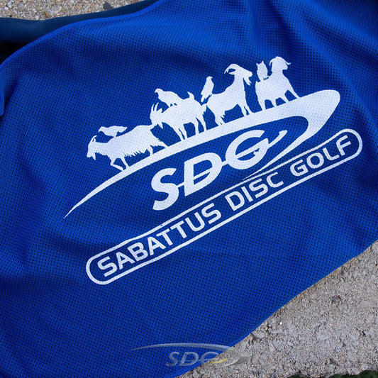 Royal blue cooling towel branded with white SDG Sabattus Disc Golf Goat Swish 