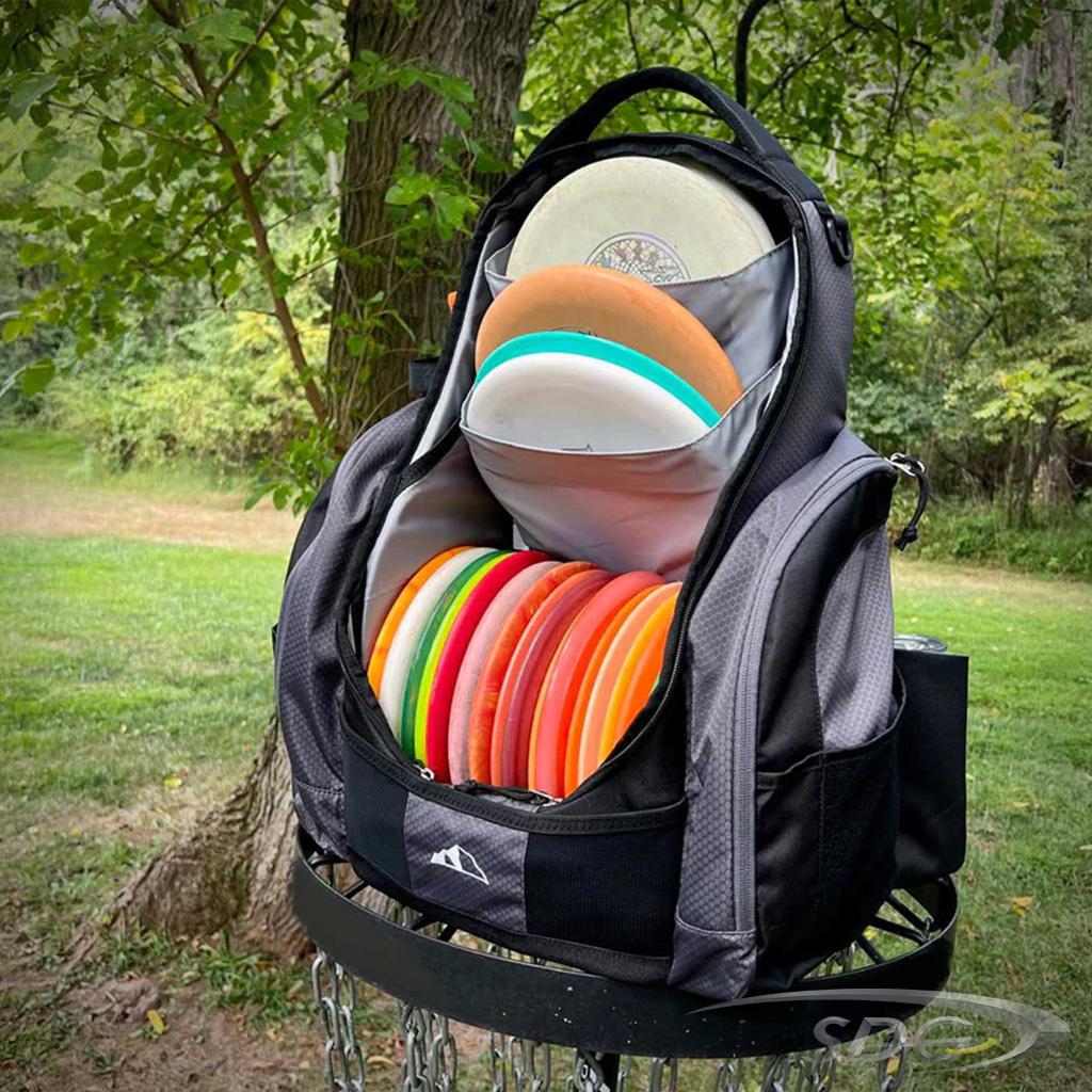 Upper Park "The Rebel" Disc Golf Bag Onyx front view filled with discs