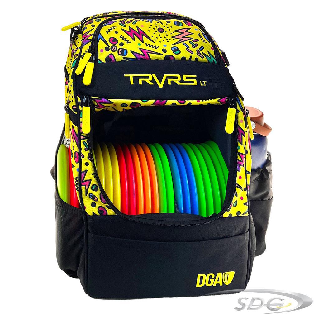 DGA Traverse Lite Disc Golf Bag in Party Time Yellow Pattern with disc golf discs loaded in and water bottle in water bottle holder