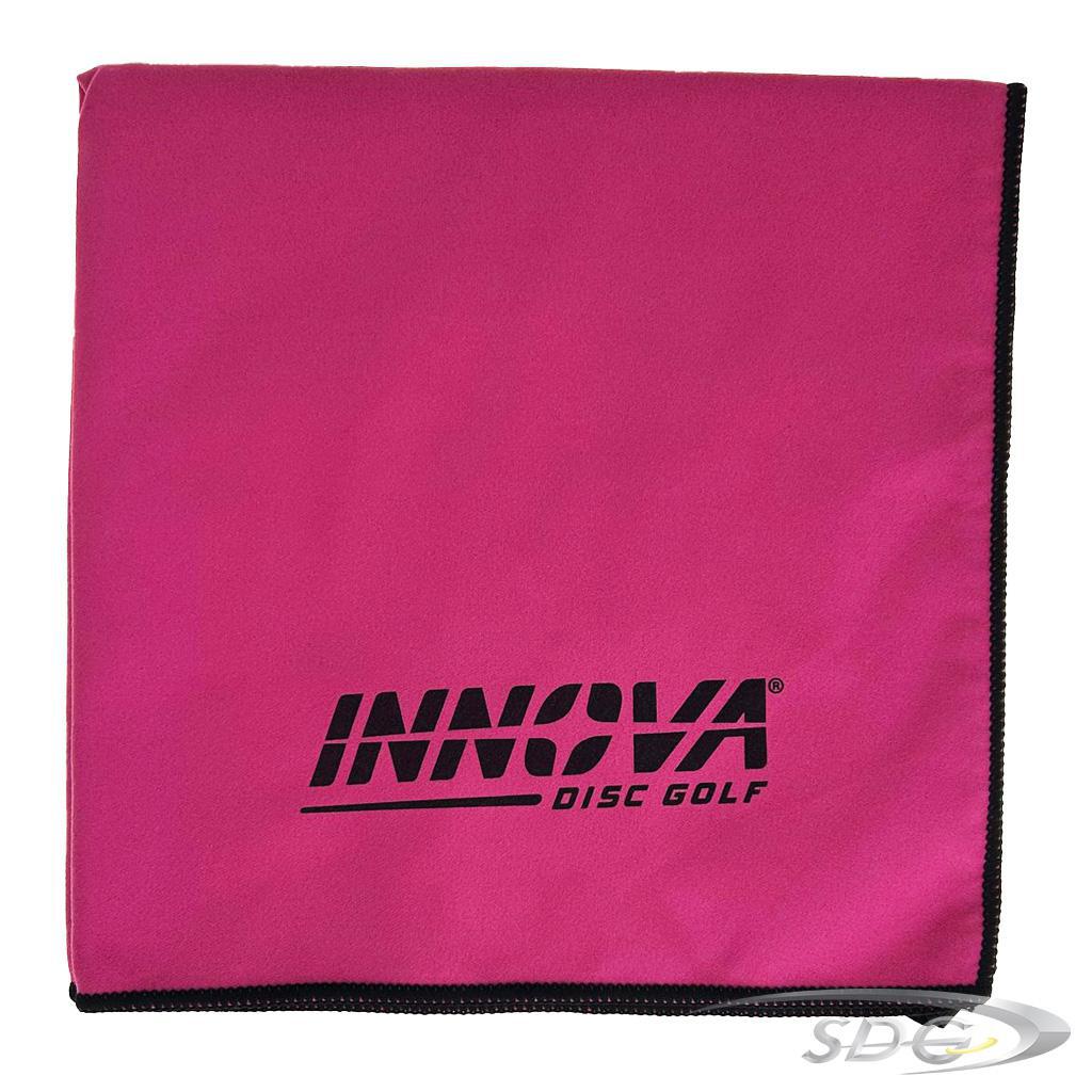 Innova Dewfly Disc Golf Towel in Pink with Pink Trim Stitching and Black Innova Burst Logo