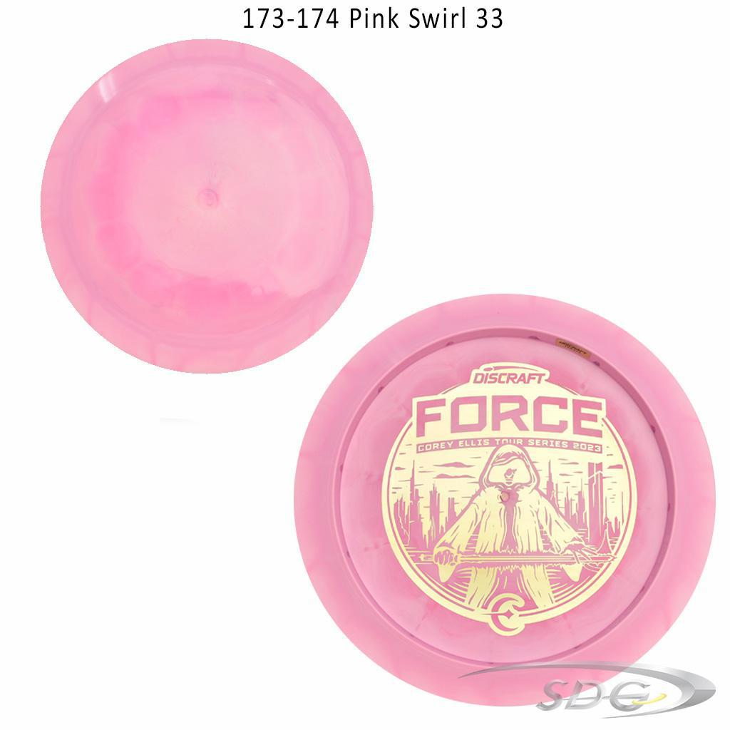 discraft-esp-force-bottom-stamp-2023-corey-ellis-tour-series-disc-golf-distance-driver 173-174 Pink Swirl 33 
