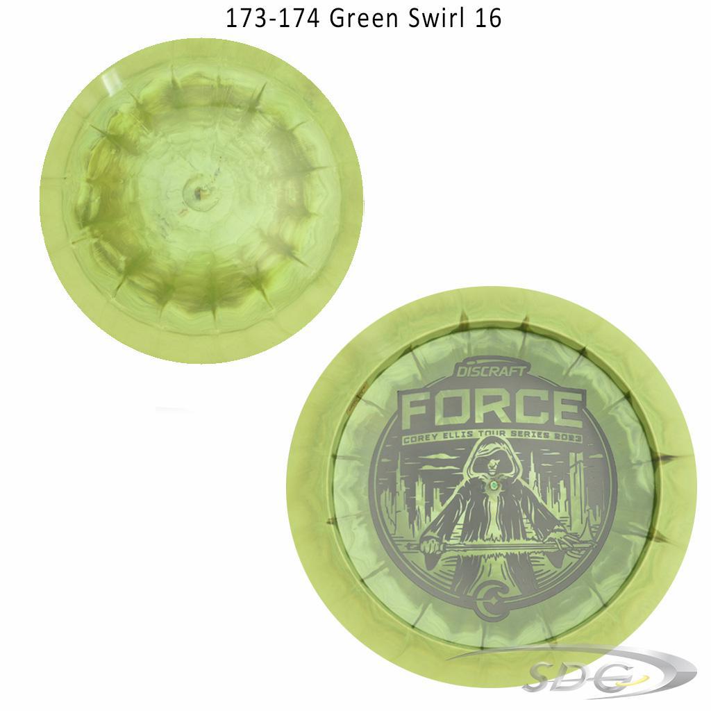 discraft-esp-force-bottom-stamp-2023-corey-ellis-tour-series-disc-golf-distance-driver 173-174 Green Swirl 16 