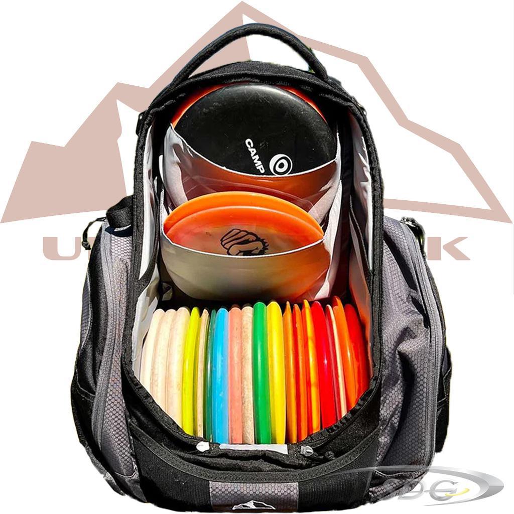 Upper Park "The Rebel" Disc Golf Bag Onyx front view open bag loaded with discs