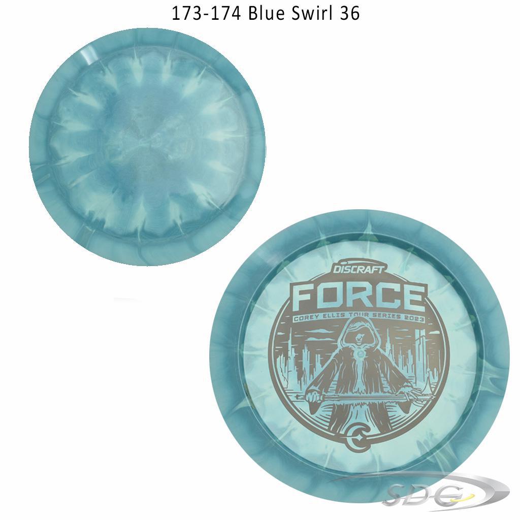 discraft-esp-force-bottom-stamp-2023-corey-ellis-tour-series-disc-golf-distance-driver 173-174 Blue Swirl 36 