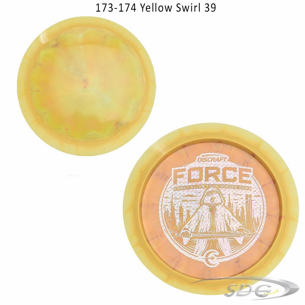 discraft-esp-force-bottom-stamp-2023-corey-ellis-tour-series-disc-golf-distance-driver 173-174 Yellow Swirl 39 