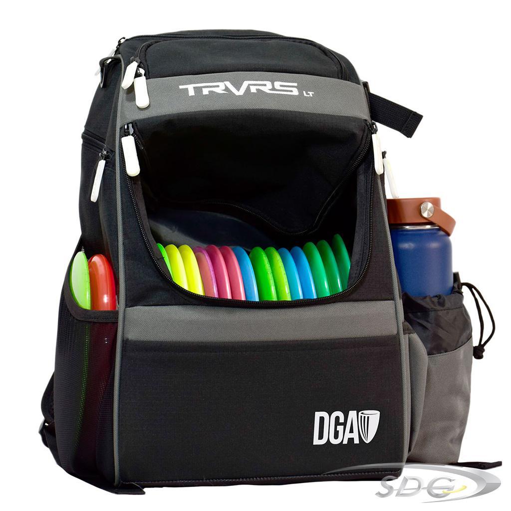 DGA Traverse Lite Disc Golf Bag front of bag shown in black color with disc golf discs loaded in to disc golf pouches and water bottle in the water bottle holder 