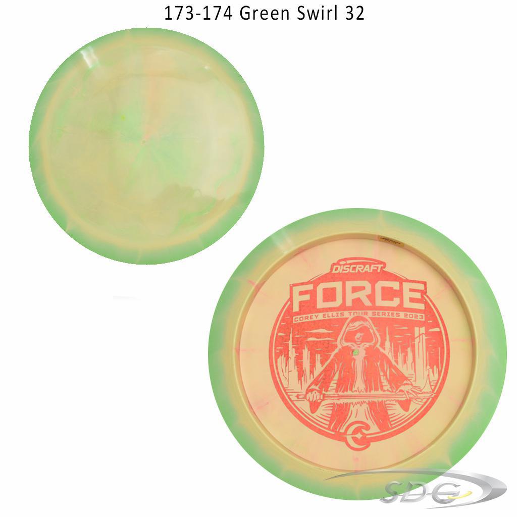 discraft-esp-force-bottom-stamp-2023-corey-ellis-tour-series-disc-golf-distance-driver 173-174 Green Swirl 32