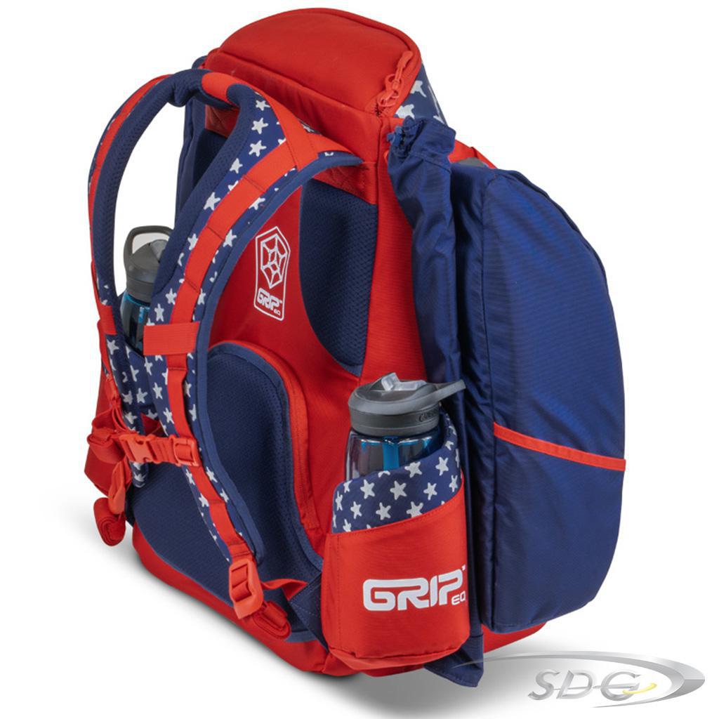 GRIPeq© AX5 Paul McBeth 10th Anniversary Signature Series Disc Golf Bag side view showing a canteen on each side of the back with shoulder straps