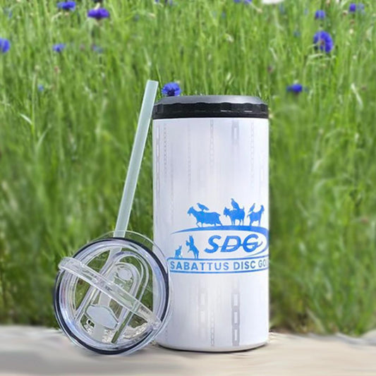Sabattus Disc Golf branded 4 in 1 Koozie with SDG Sabattus Disc Gold Goat Swish in blue with vertical chains in background-also shows cup cover and straw