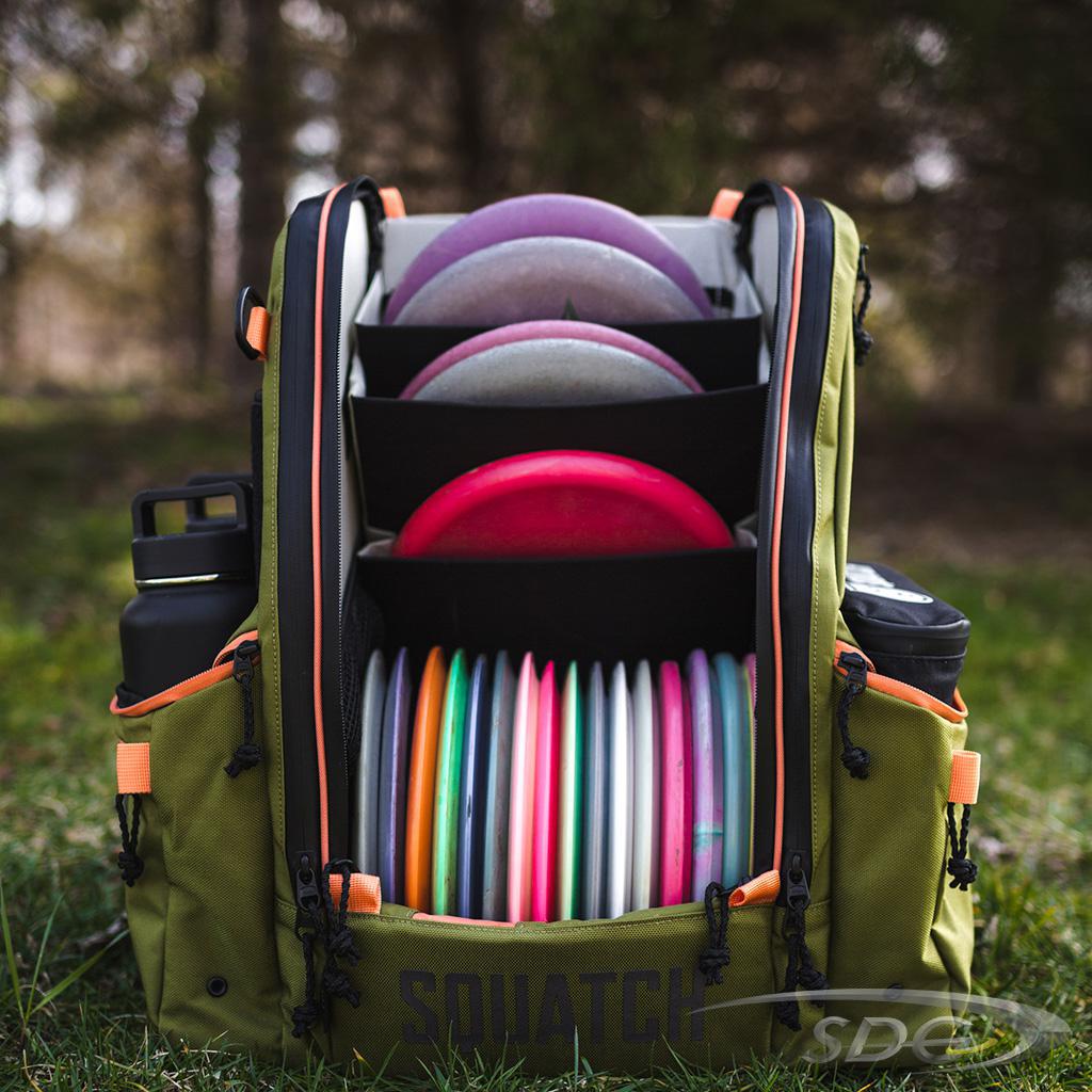Squatch The Link Bag w/ Cooler Disc Golf Bag forest-orange front view with 2 canteens in side pocket, cooler on the other side and loaded with discs inside