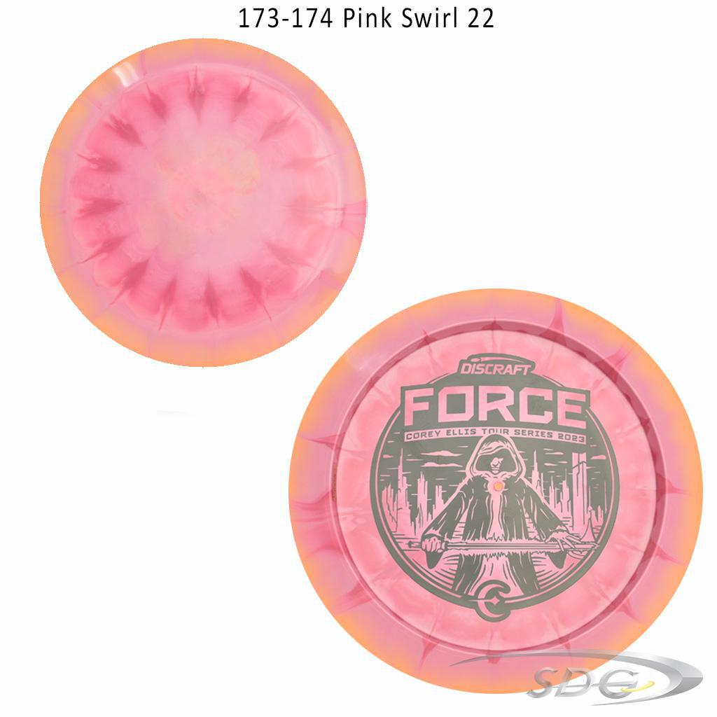 discraft-esp-force-bottom-stamp-2023-corey-ellis-tour-series-disc-golf-distance-driver 173-174 Pink Swirl 22 
