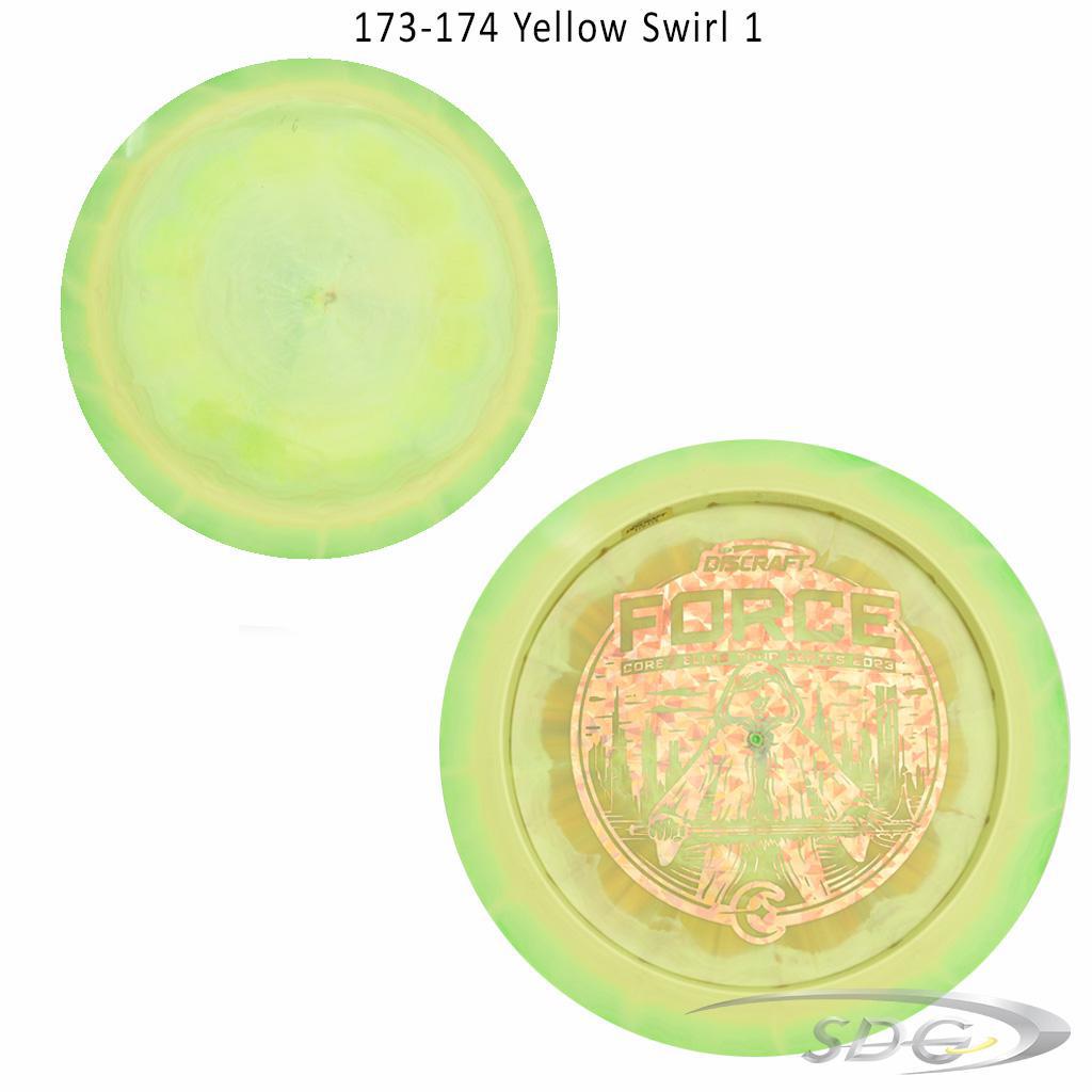 discraft-esp-force-bottom-stamp-2023-corey-ellis-tour-series-disc-golf-distance-driver 173-174 Yellow Swirl 1