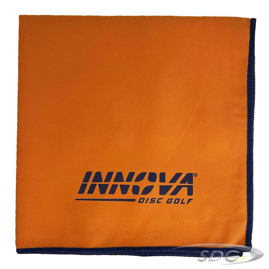 Innova Dewfly Disc Golf Towel in Orange with Navy Blue Trim Stitching and Navy Blue Innova Burst Logo