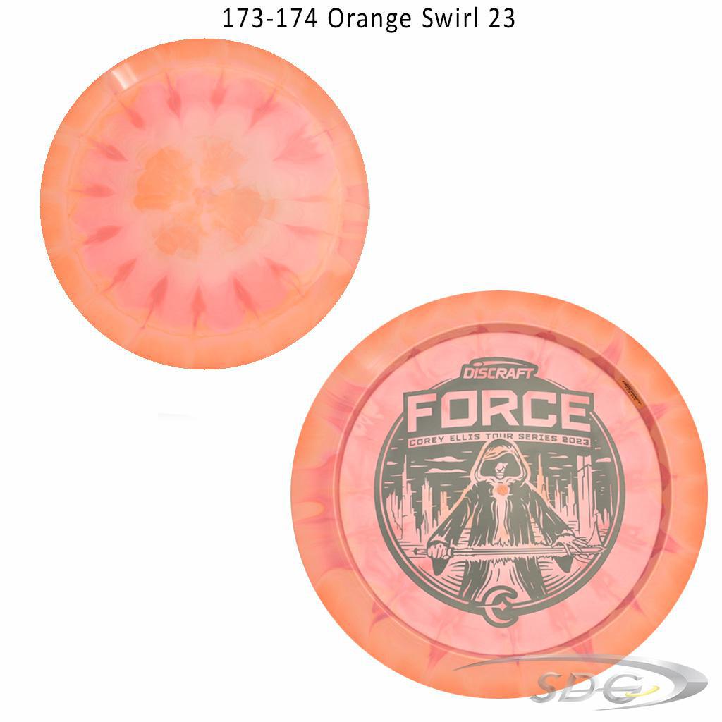 discraft-esp-force-bottom-stamp-2023-corey-ellis-tour-series-disc-golf-distance-driver 173-174 Orange Swirl 23 