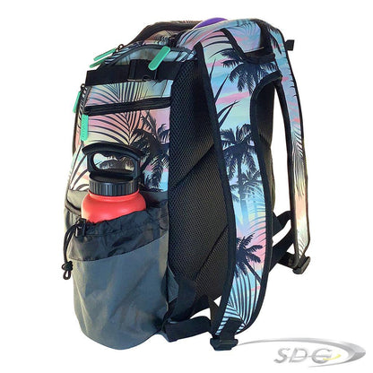 DGA Traverse Lite Disc Golf Bag in floral pattern showing Side and back with water bottle in bottle holder