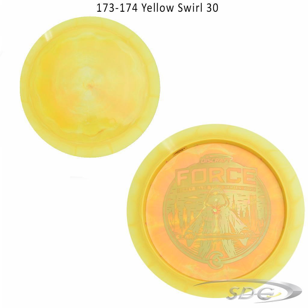 discraft-esp-force-bottom-stamp-2023-corey-ellis-tour-series-disc-golf-distance-driver 173-174 Yellow Swirl 30