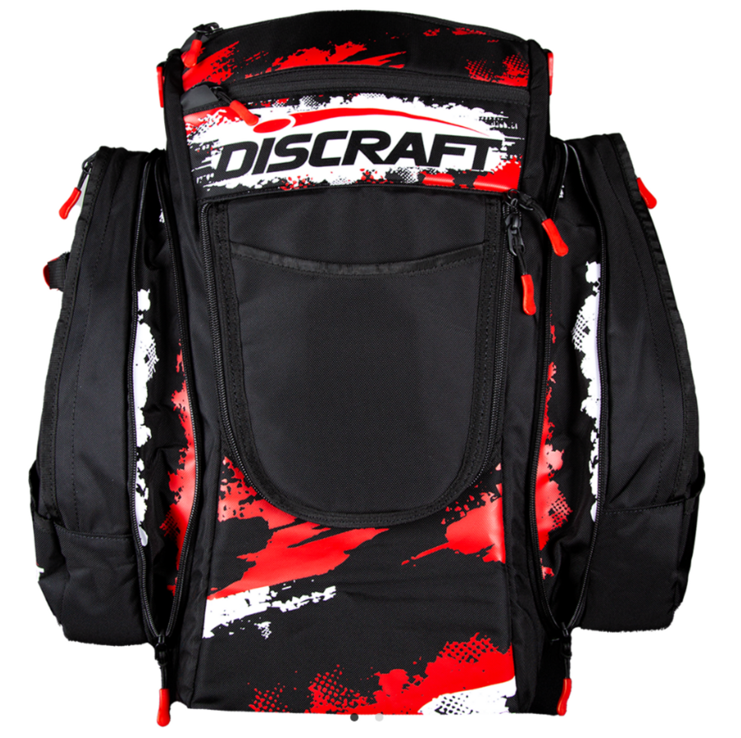 Black backpack with red and white splatter design and Discraft logo on a white background